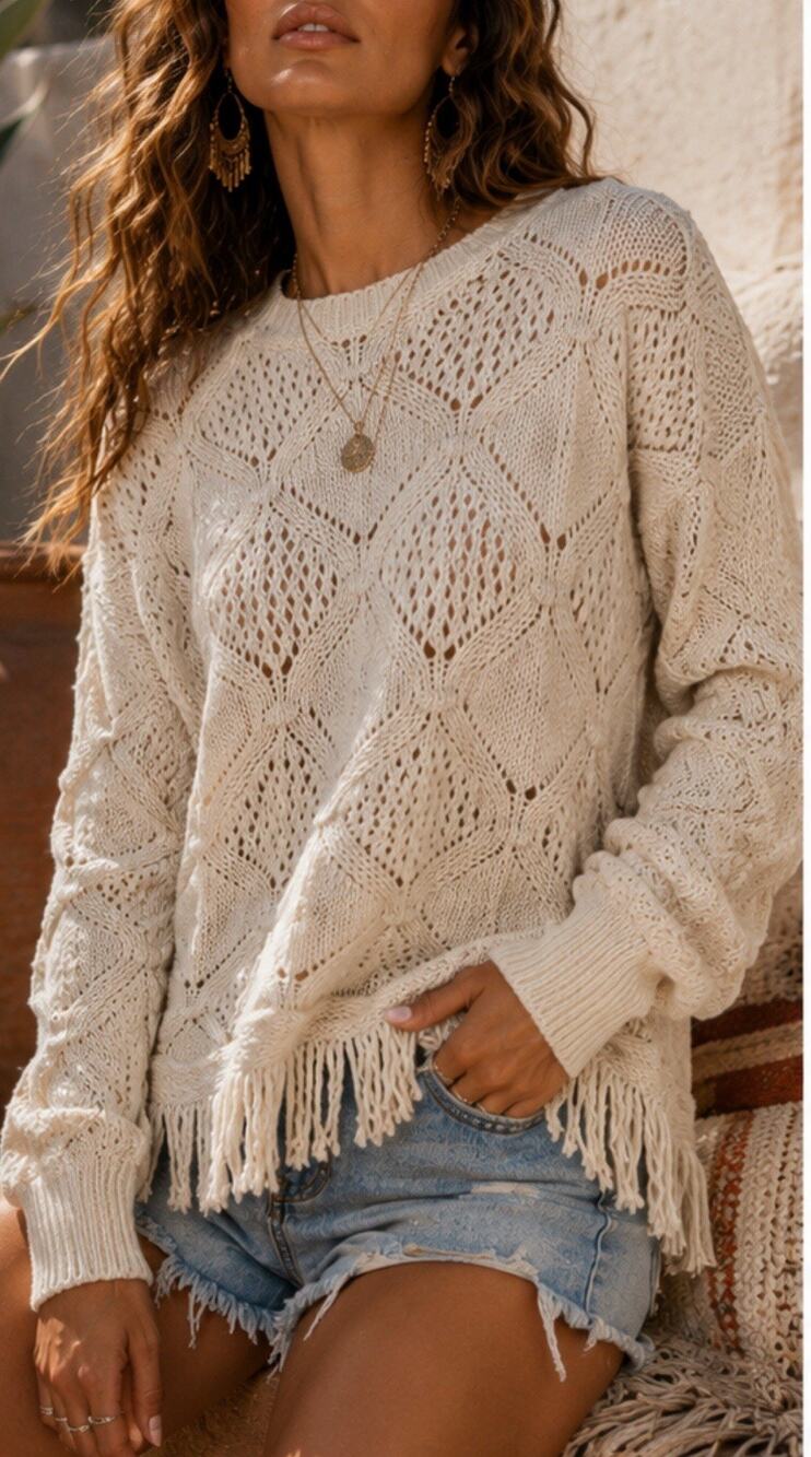 Frye Cream Open Knit Fringe Sweater Size M Boho Crochet Western Women Top Cozy